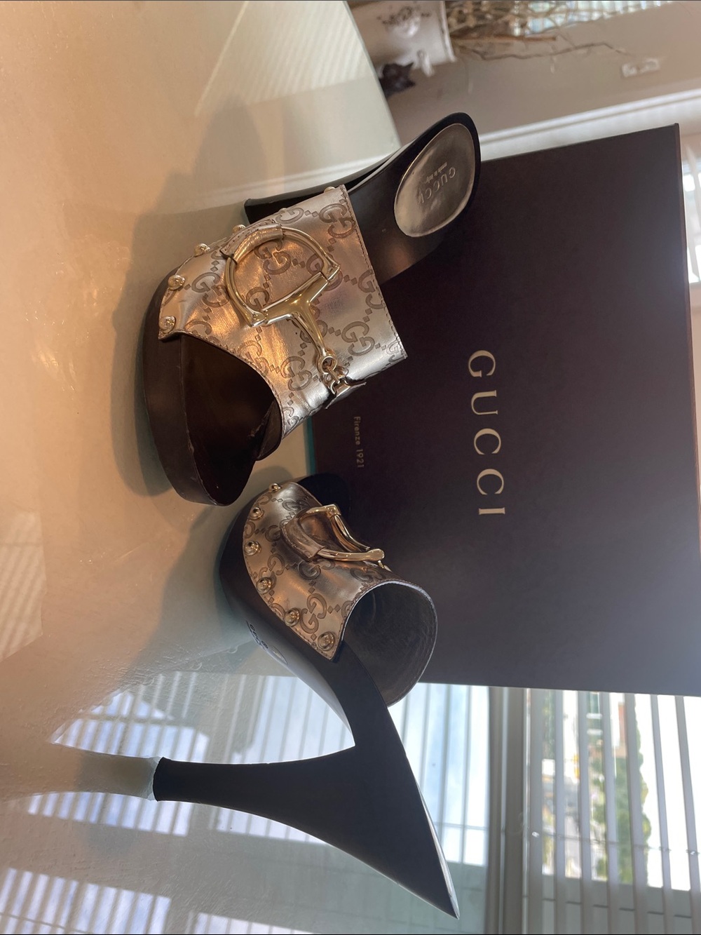 Gucci Silver Metallic GG Horsebit High Heel Mules